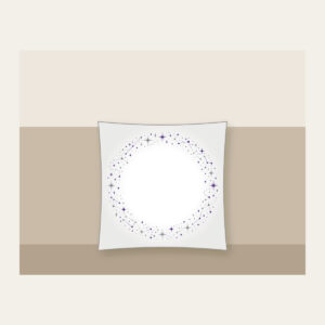 Constellation Dot Border Pillow in white: Tiny constellation dots joined by fine lines in silver and violet form a border around an empty centre.