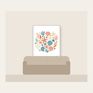 Scattered Shells and Starfish on Sand Fleece Blanket in white: Coral, cream and teal shells and starfish are tossed across a pale sand background.