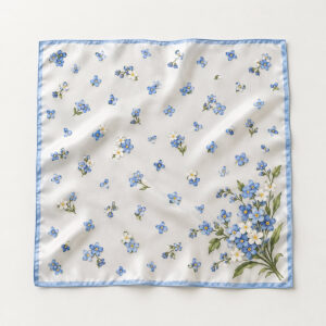 Forget-Me-Not Satin Handkerchief with a scatter of small forget-me-not flowers in blue and white with a larger sprig in one corner