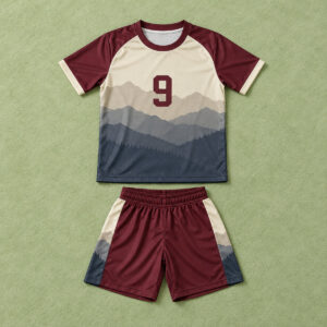 Children's burgundy and cream football jersey with mountain bands plus shorts