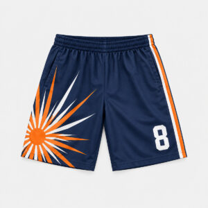 Navy soccer shorts with an orange and white sunburst and number 8