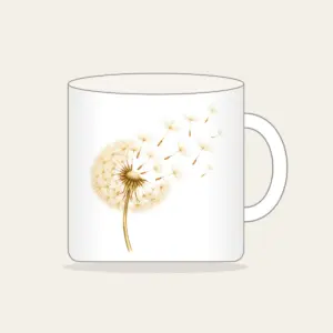 Dandelion Seeds Drifting Away Mug in white: A dandelion seed head with its seeds drifting away in cream and pale gold.