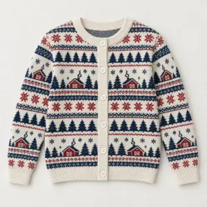 Youth knitted cardigan with white buttons printed with fair-isle cabins and stars