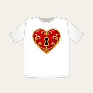 Heart and Keyhole in Red and Gold T-Shirt in white: A small heart with a keyhole in red and gold on a clean ground.