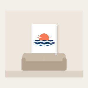 Rising Sun over a Navy Horizon Fleece Blanket in white: Navy horizon lines meet a small warm coral sun, with a few tiny white clouds.