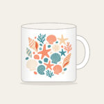 Scattered Shells and Starfish on Sand Mug in white: Coral, cream and teal shells and starfish are tossed across a pale sand background.