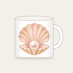Scallop Shell Holding a Pearl Mug in white: A scallop shell holds a single pearl in blush and sand tones.