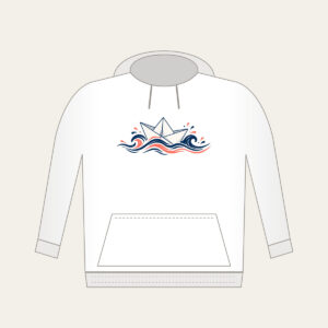 Folded Paper Boat on Navy Waves Hoodie in white: A folded paper boat on fine-lined waves in navy and coral.