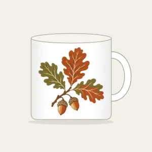 Oak Branch with Acorns Mug in white: An oak branch with three leaves and two acorns in rust, olive and cream.