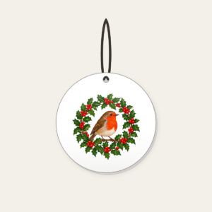 Robin in a Holly Wreath Ceramic Ornament in white: A robin perches in a holly wreath in red, brown and green.