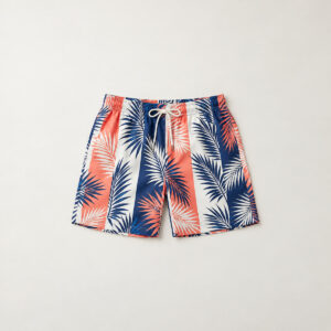Palm Stripe Beach Shorts with vertical palm-leaf stripes in navy, white and coral