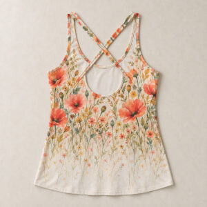 Poppy Field Criss Cross Back Tank with all-over watercolour print of poppies and grasses in coral, gold and green, density fading toward the hem