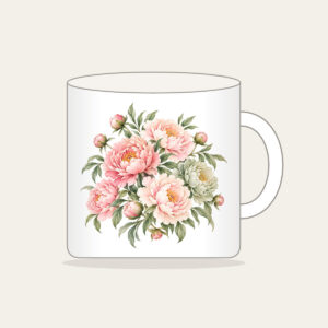Blush Peony Gradient Mug in white: All-over peonies drift across a gradient from blush to sage, joined by fine leaf lines.