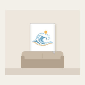 Curling Wave and Little Sun Fleece Blanket in white: A curling wave in white, pale blue and sand with a small sun disc above.