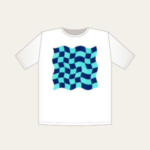 Ripple Checkerboard in Navy and Aqua T-Shirt in white: A checkerboard whose squares ripple like waves in navy and aqua.