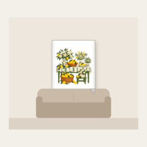 Lemon and Flower Market Stall Fleece Blanket in white: A market table piled with lemons and blossoms in lemon yellow, cream and green.