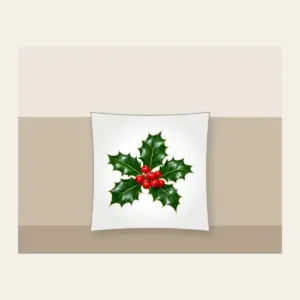 Holly Sprig with Red Berries Pillow in white: A holly sprig with glossy leaves and bright red berries stands out on a deep green background.