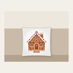 Gingerbread Cottage with Icing Swirls Pillow in white: A gingerbread-style cottage with white icing swirls and candy dots in brown, white and red.