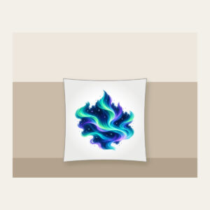 Northern Lights over Starry Navy Pillow in white: Flowing aurora bands in green, teal and violet sweep over a deep navy sky dotted with tiny stars.