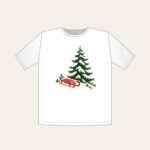 Red Sled on a Snowy Hill T-Shirt in white: A small red sled on a snowy hill beside a tall pine in cream, red and green.