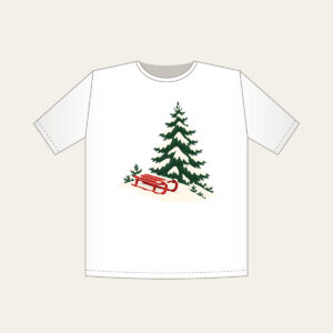 Red Sled on a Snowy Hill T-Shirt in white: A small red sled on a snowy hill beside a tall pine in cream, red and green.