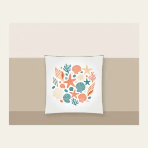 Scattered Shells and Starfish on Sand Pillow in white: Coral, cream and teal shells and starfish are tossed across a pale sand background.