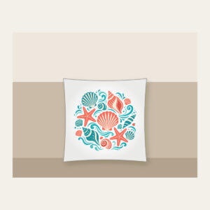 Shells, Starfish and Ripples Pillow in white: Seashells, starfish and gentle ripples drift across the pattern in coral, teal and cream.