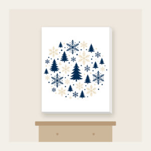 Snowflakes and Pines in Navy and Cream Canvas Print in white: Snowflakes and pines repeat in navy and cream.