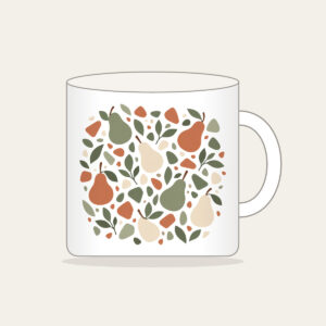 Pear and Pebble Terrazzo Garden Mug in white: All-over terrazzo of pears, leaves and pebbles in sage, terracotta and cream.