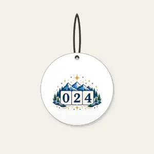 Mountain and Star Border with 024 Ceramic Ornament in white: A border of mountains and stars surrounds a three-digit counter reading 024.