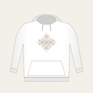 Tiny Blooms and Diamonds in Blush Hoodie in white: Small flowers and diamond shapes repeat in blush, sage and cream.