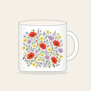 Wildflower Scatter on Sage Mug in white: Wildflowers in lavender, poppy red and butter yellow scatter over a sage ground.
