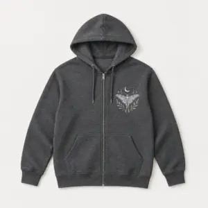 Night Garden Zip Hoodie with small left-chest print of a moth beneath a crescent moon with delicate herb sprigs in silver grey and pale lilac