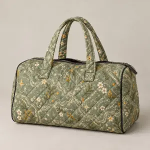 Atlas Garden Quilted Weekend Bag with all-over map lines with small blooms and stars in sage, cream and ochre