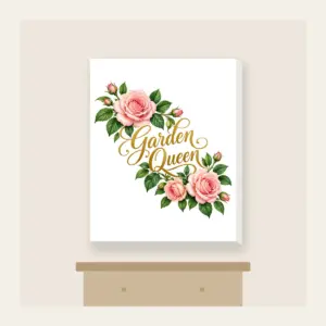 Garden Queen Rose Garland Canvas Print in white: A diagonal garland of blush roses and green leaves carries the words “Garden Queen” in gold script.