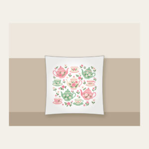Teapots and Tiny Flowers Pillow in white: Cheerful teapots and little flowers in pink and mint scatter across a cream ground.