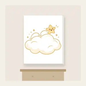 Little Star Hopping on a Cloud Canvas Print in white: A little star hops across a cloud in white, cream and gold.