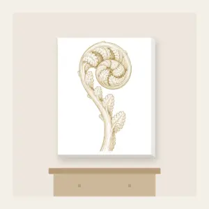 Unrolling Fiddlehead Fern Canvas Print in white: A single fiddlehead fern unrolls in cream line art.