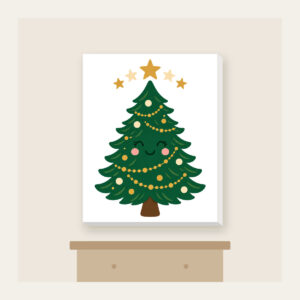 Little Pine and Five Stars Canvas Print in white: A friendly stylised pine tree with five small stars above it in cream and gold.