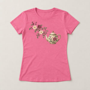 Azalea Teapot Garden Women's Tee with compact front chest panel print of a ceramic-style teapot with a vine and blossoms curling out of the spout in cream, sage and plum