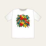 Parrots Among Red Hibiscus T-Shirt in white: Parrots perch among hibiscus flowers in red, green and yellow.