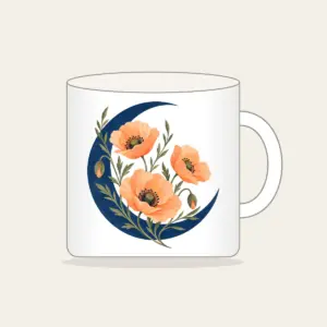 Crescent Moon and Apricot Poppies Mug in white: A deep blue crescent moon cradles three delicate apricot poppies on fine olive stems.