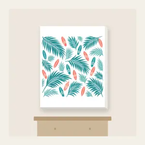 Palm Shadows and Tiny Surfboards Canvas Print in white: Palm-leaf shadows and tiny surfboards in teal and coral on cream.