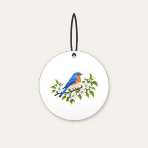 Bluebird on Blossoming Branch Ceramic Ornament in white: A bluebird perches on a blossoming branch in blue, white and green.