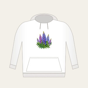 Wild Lupine Meadow Spires Hoodie in white: Tall wild lupine flowers in violet and blue with green leaves.
