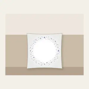 Constellation Dot Border Pillow in white: Tiny constellation dots joined by fine lines in silver and violet form a border around an empty centre.