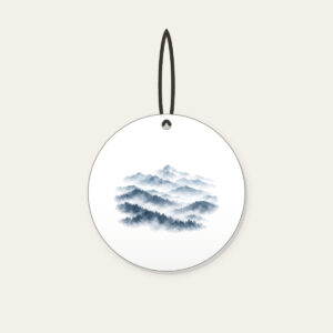 Misty Grey-Blue Ridgelines Ceramic Ornament in white: Grey-blue ridges layer into fog across the artwork.