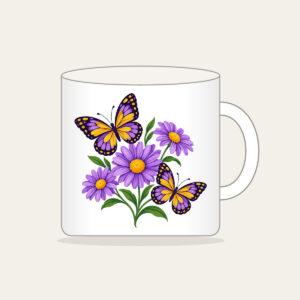 Two Butterflies and Three Daisies Mug in white: Two butterflies hover near three daisies in purple and yellow.