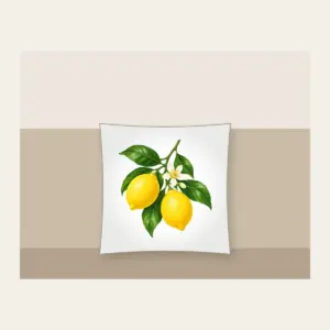 Lemon Branch in Blossom Pillow in white: A single lemon branch carries two lemons, glossy leaves and a small blossom in lemon yellow, leaf green and cream.