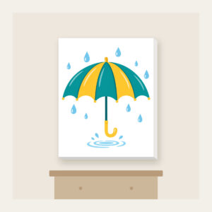 Teal Umbrella and Raindrop Ripple Canvas Print in white: An open teal and yellow umbrella with small raindrops and a tiny puddle ripple.